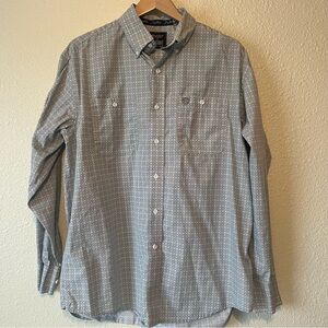 George Straight Wrangler Cowboy Button Shirt Men’s Size L Geometric Design Blue…